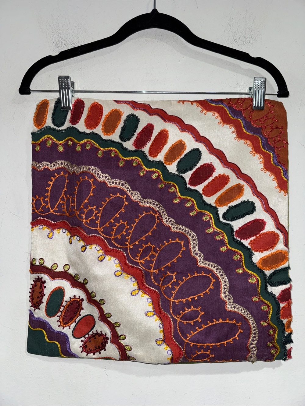 Embroidered Boho Decorative Pillow Cover in Purple, Orange, Green, Red